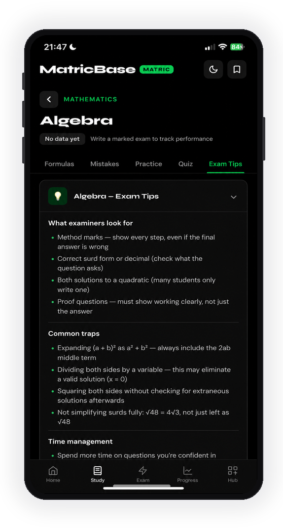 MatricBase Algebra exam tips screen showing what examiners look for