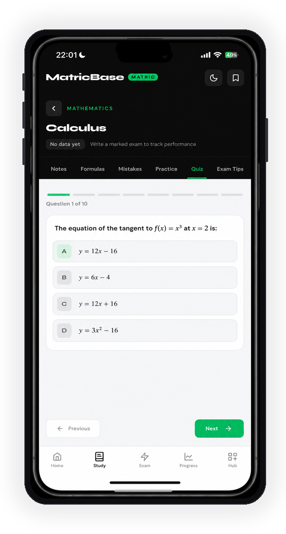 MatricBase Calculus quiz showing a multiple-choice question about tangent equations