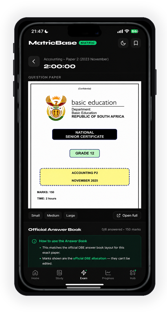 MatricBase exam mode showing an official Accounting NSC paper with a live countdown timer