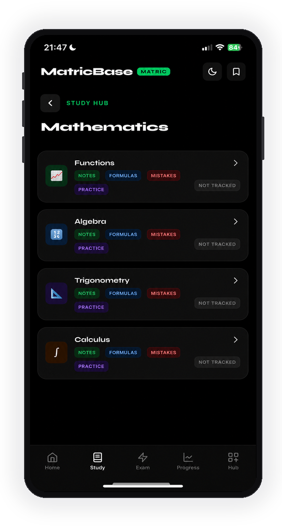 MatricBase Mathematics topics screen showing Functions, Algebra, Trigonometry and Calculus