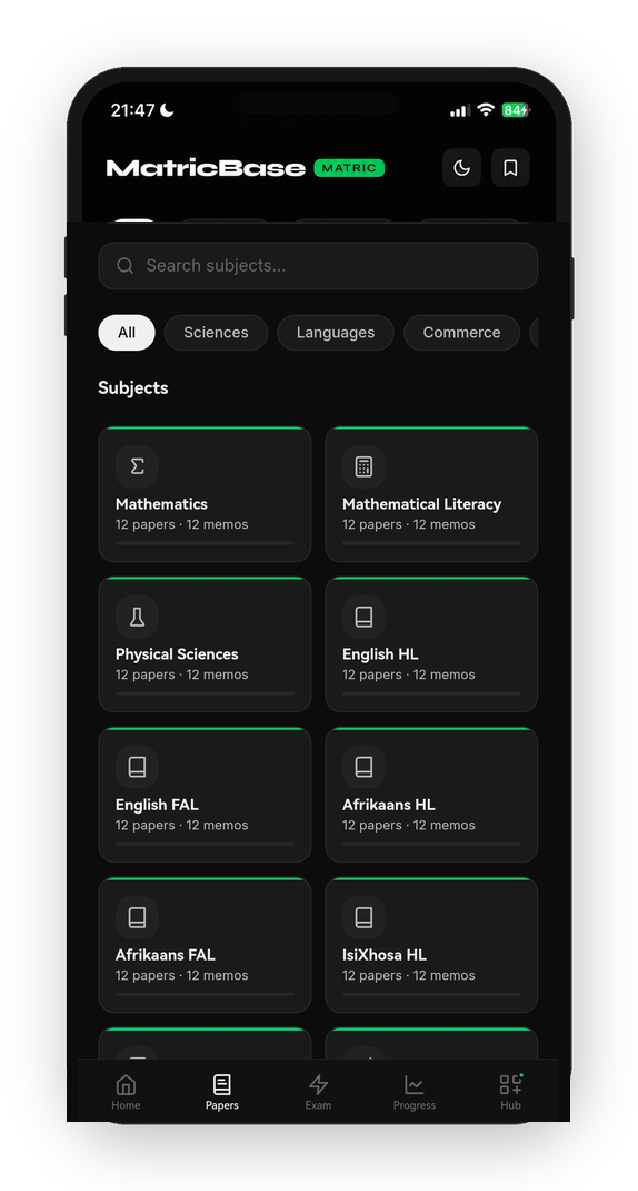 MatricBase subject selection screen showing Mathematics, Physical Sciences, English and more