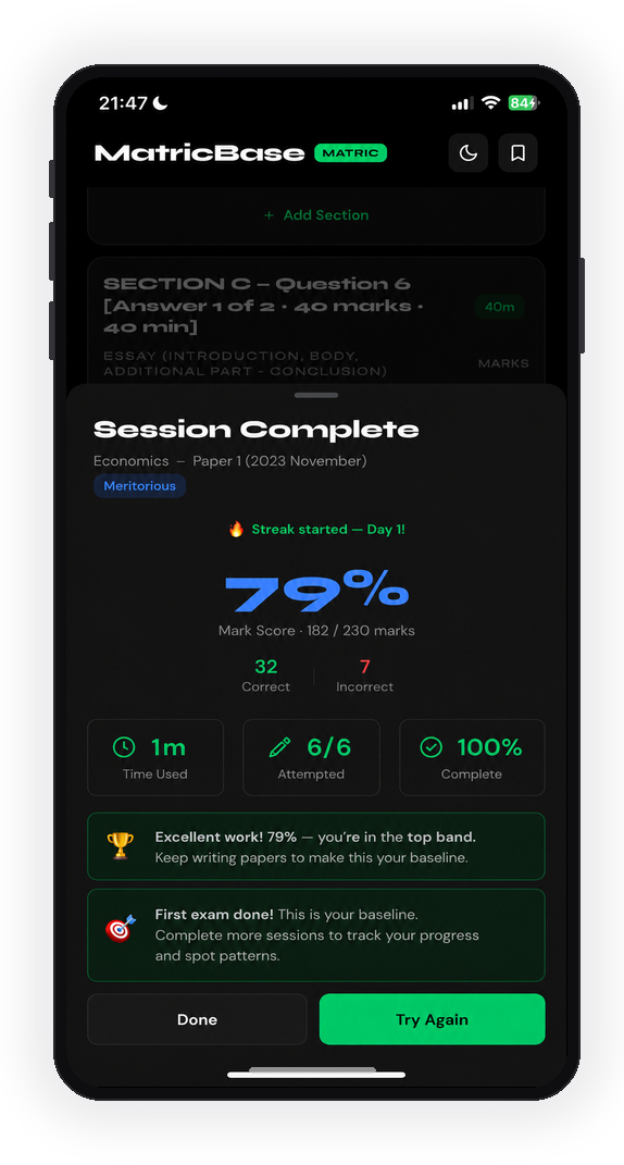 MatricBase session complete screen showing 79% score, streak and correct vs incorrect breakdown