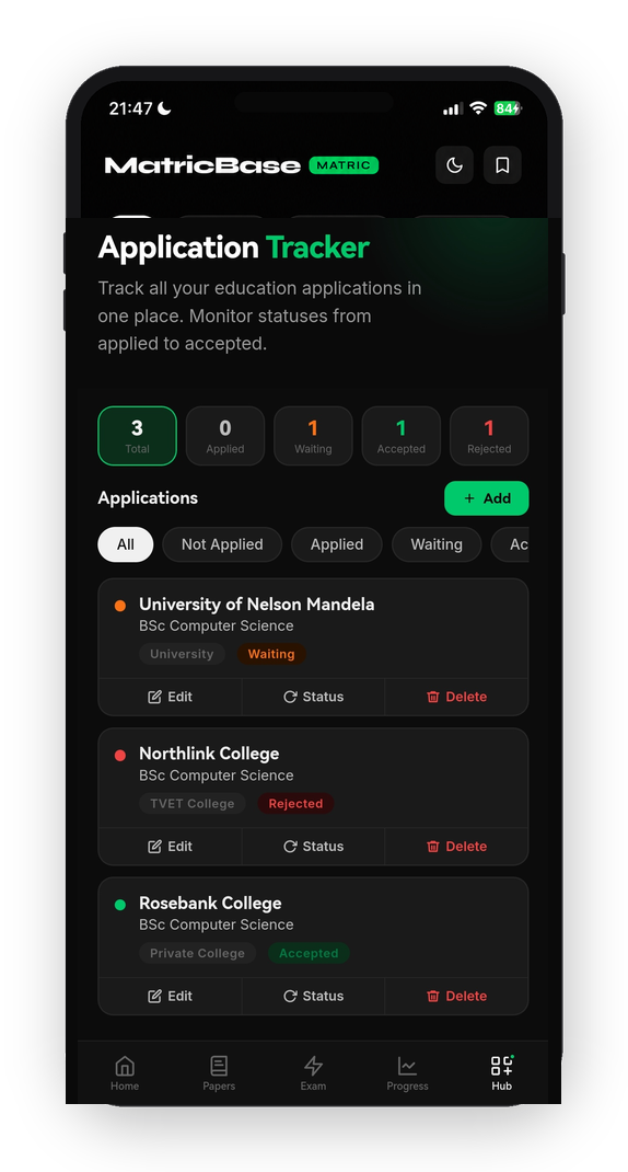 MatricBase Uni Tracker showing UNISA accepted, UCT applied and UJ rejected applications